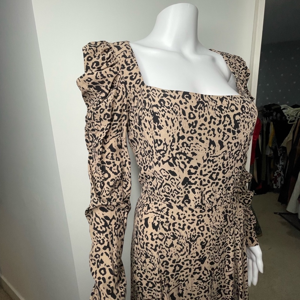 Zara Animal Print Square Neckline Puff Sleeves Midi Dress size L